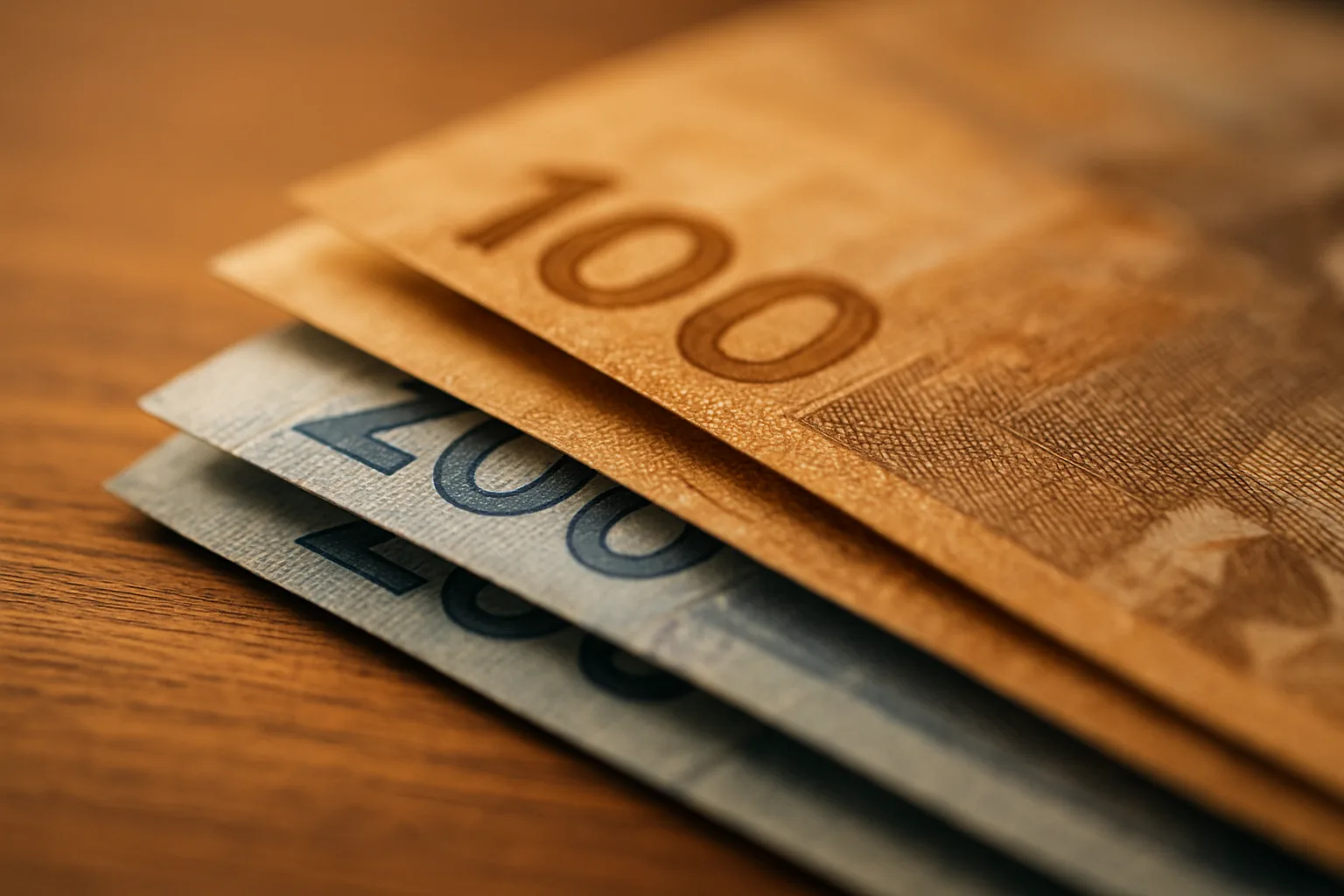 Gros plan sur des billets de 100 et 200 dirhams marocains superposés sur une table en bois