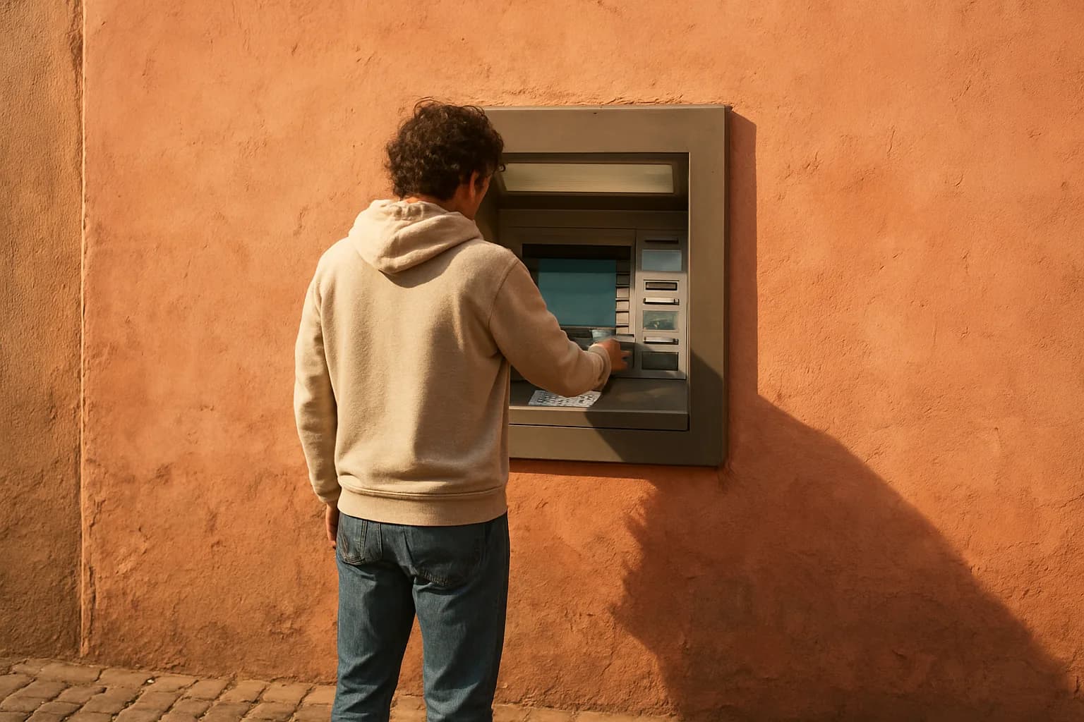 Homme de dos qui retire de l'argent à un distributeur de billets encastré dans un mur ocre d'une rue marocaine