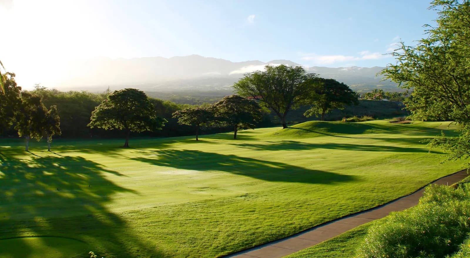 Fairway d'un parcours de golf à Marrakech bordé de palmiers, avec les montagnes de l'Atlas en arrière-plan