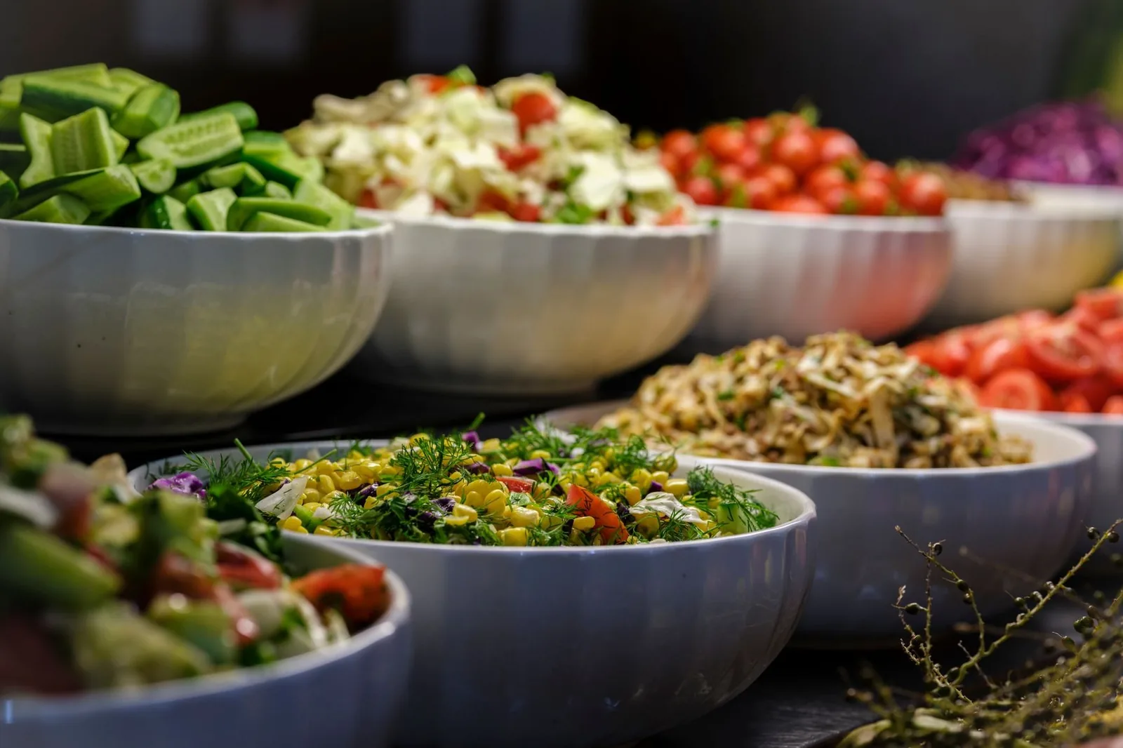 Buffet d'hôtel avec saladiers de concombres, tomates, chou, maïs et crudités