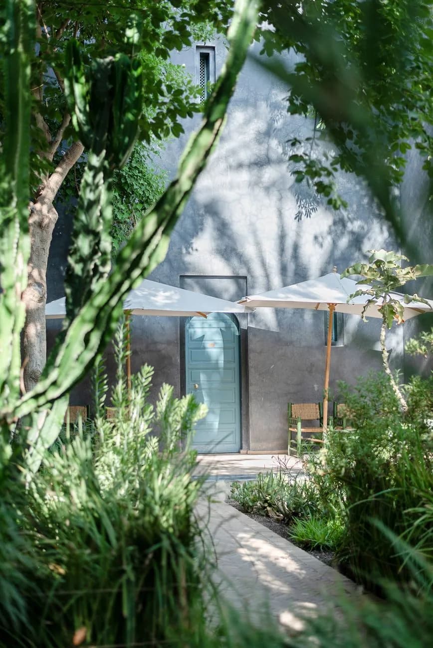 Allée bordée de cactus, d'oliviers et de romarin menant à une porte turquoise, sous les parasols d'un jardin de la médina de Marrakech