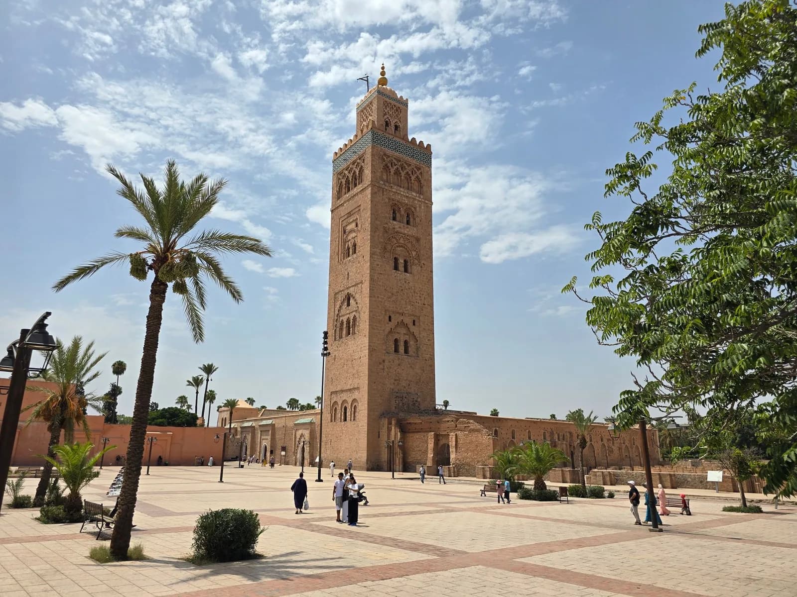 Minaret de la Koutoubia et palmier sur la place de la mosquée, à Marrakech