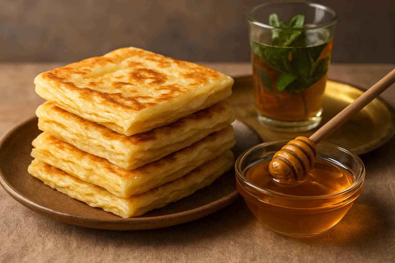 Pile de msemen dorés, crêpes feuilletées marocaines carrées, servis avec du miel et du thé à la menthe