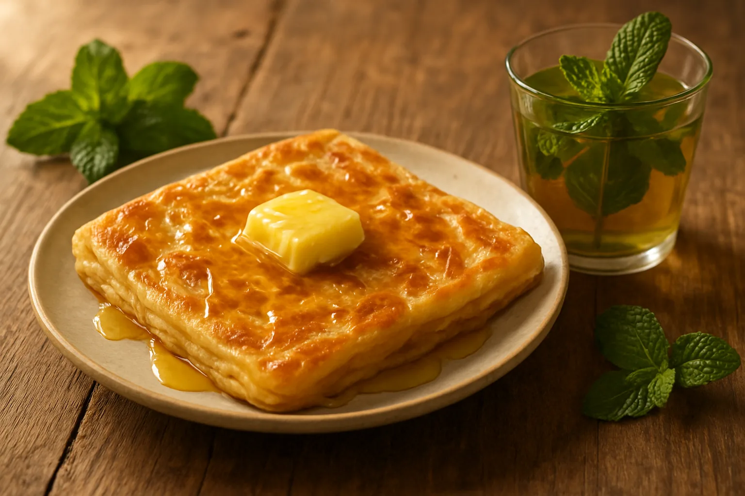 Msemen nappé de miel servi sur une assiette avec un verre de thé à la menthe