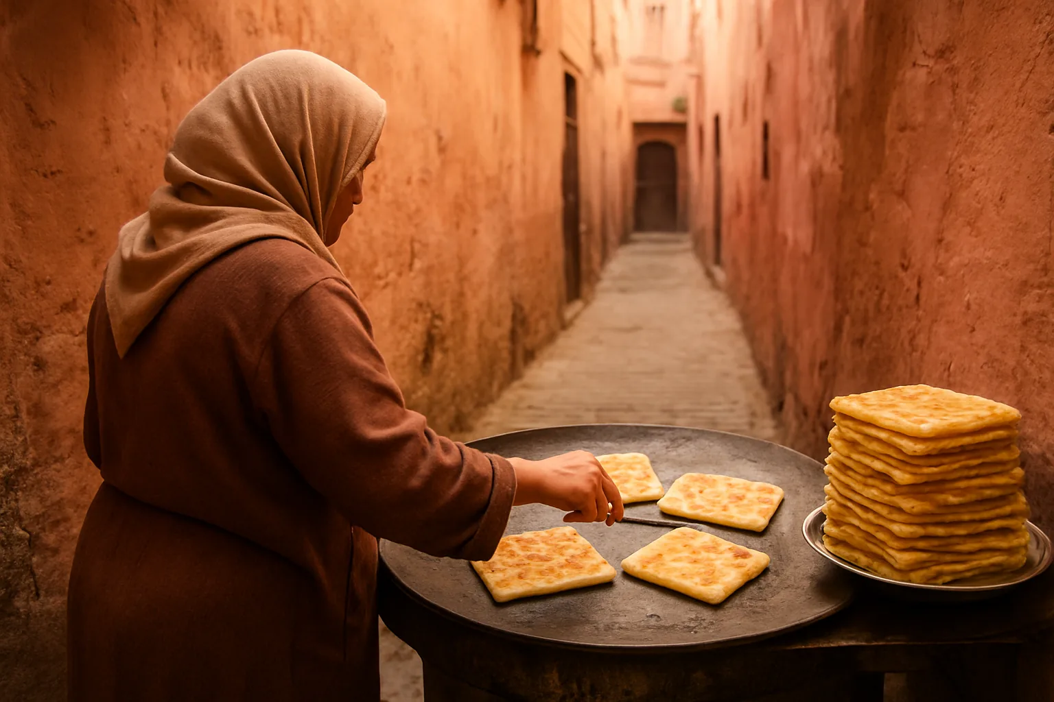 Vendeuse cuisant des msemen sur une plaque dans une rue de la médina de Marrakech au petit matin
