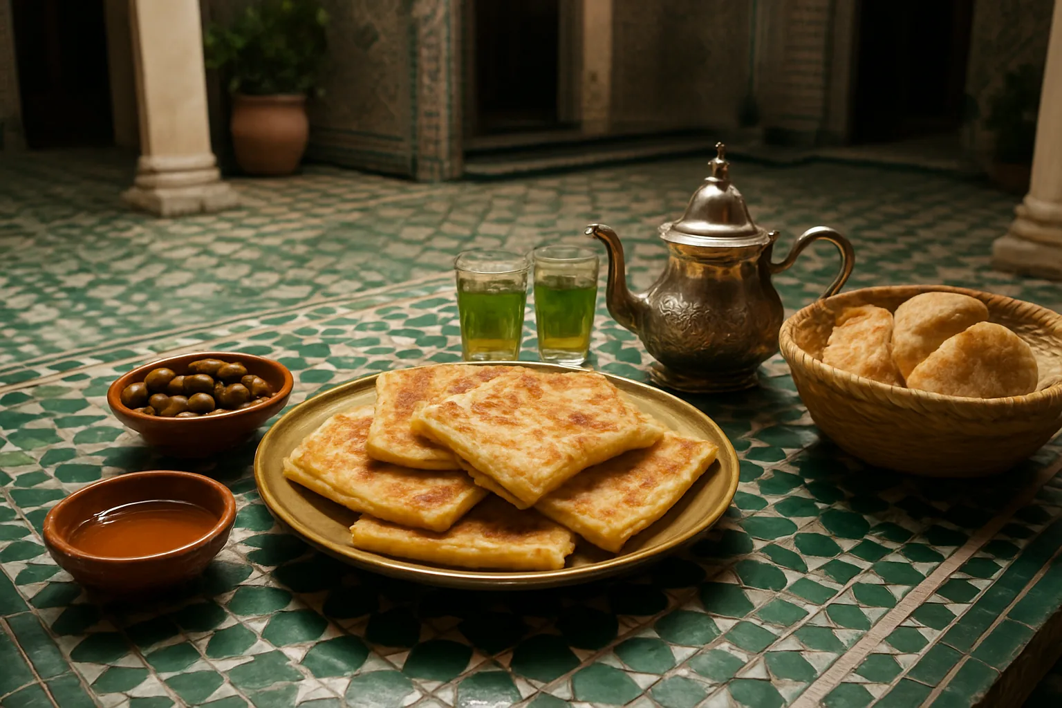 Table de petit déjeuner marocain dans un riad de Marrakech avec msemen, miel, olives et thé