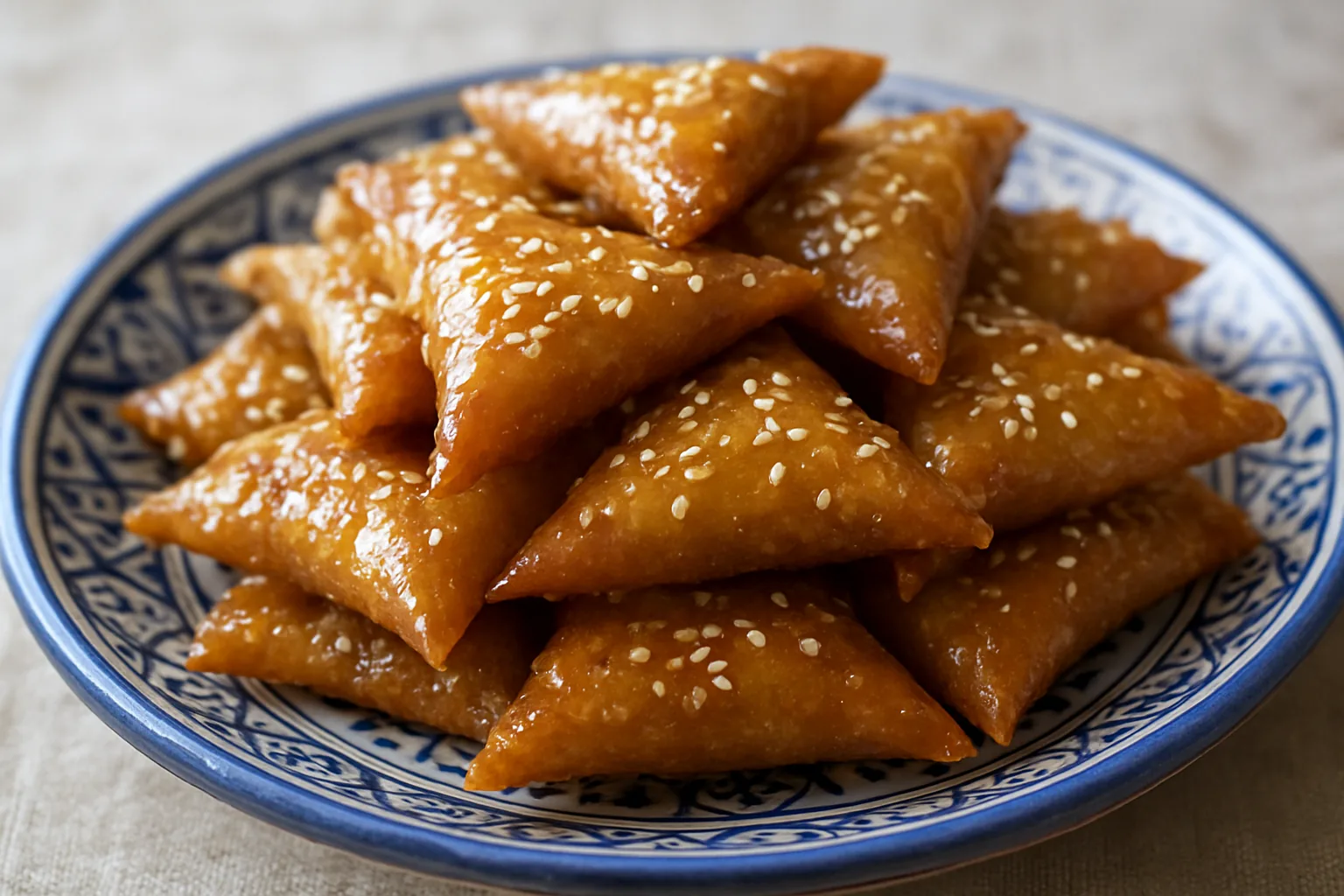 Briouates marocaines au miel en triangles de feuille de brick dorés, garnis d'amandes