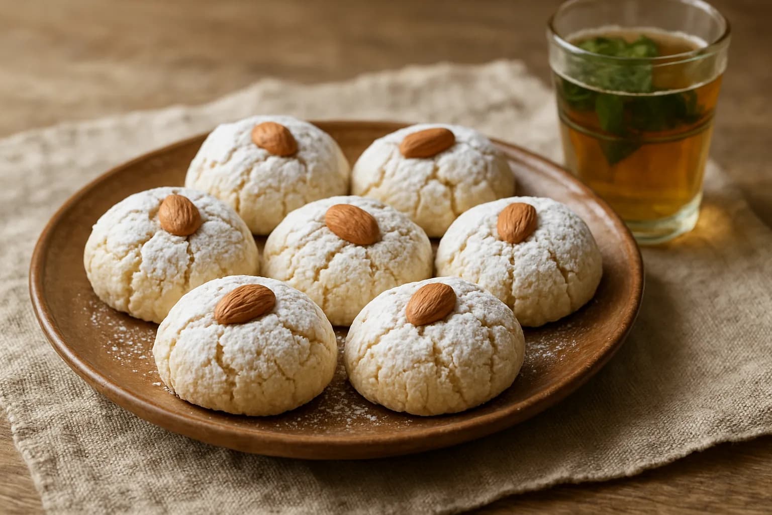 Ghriba marocaine craquelée roulée dans le sucre glace, biscuit aux amandes