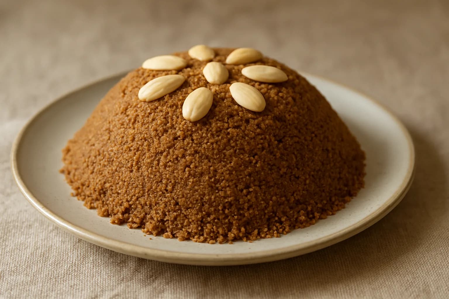 Sellou marocain, dôme de farine grillée aux amandes et au sésame décoré d'amandes entières
