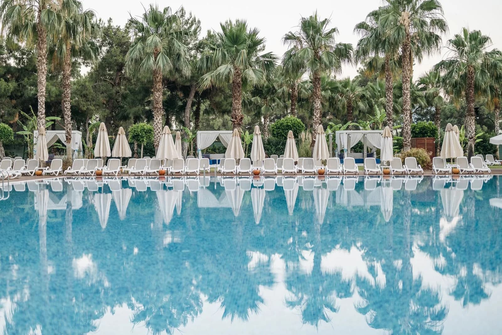 Transats et parasols alignés au bord d'une piscine lounge de beach club à Marrakech