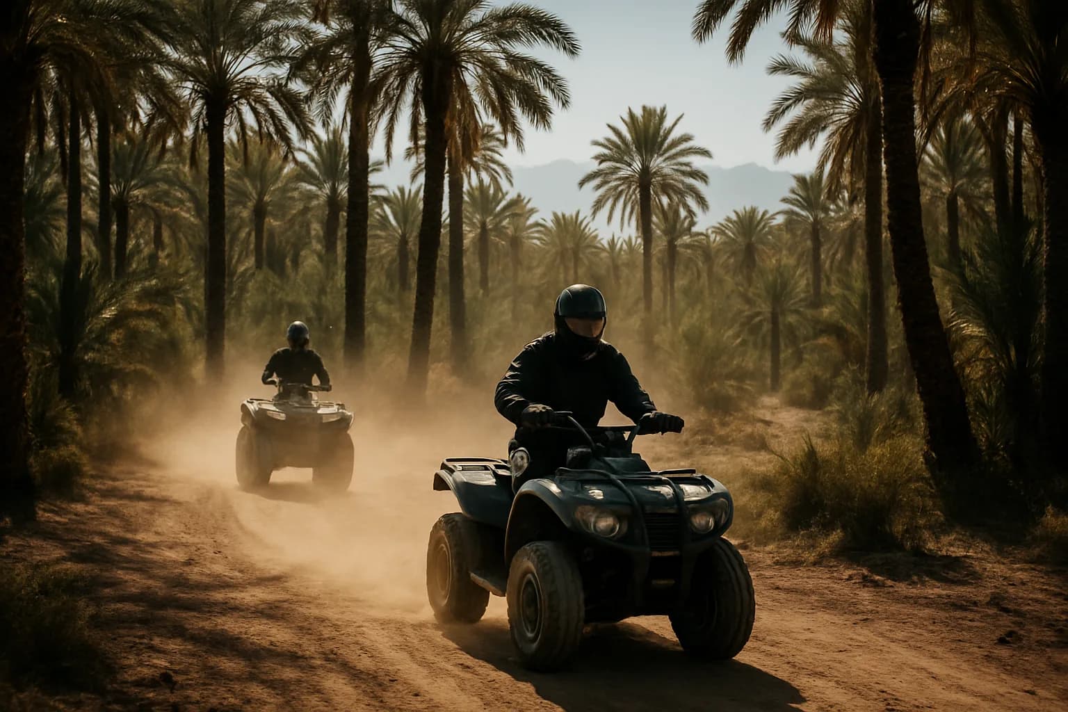 Deux quads sur une piste de terre poussiéreuse au milieu de palmiers