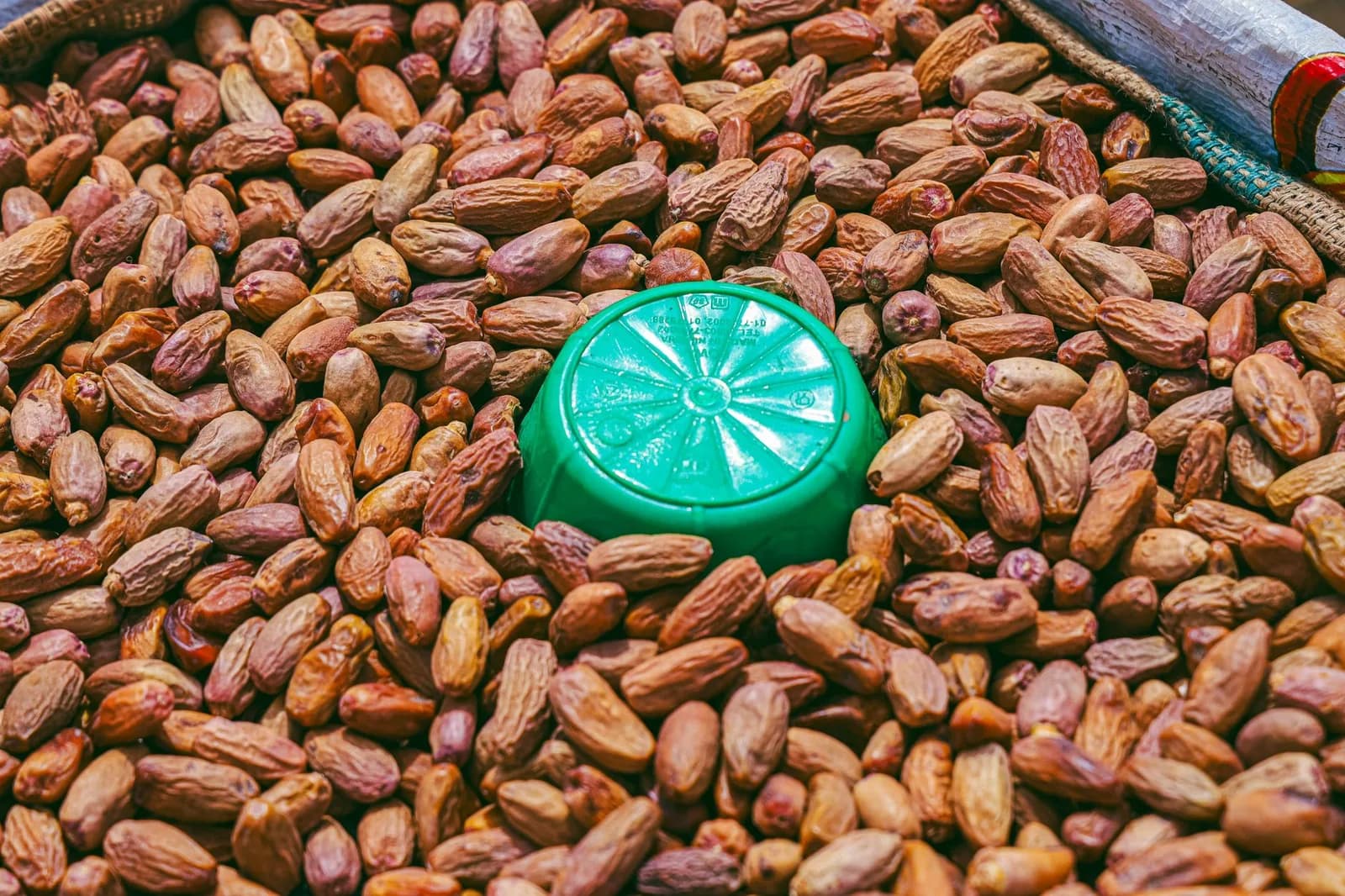 Étal de dattes sur un souk de Marrakech, achetées pour la rupture du jeûne pendant le Ramadan au Maroc