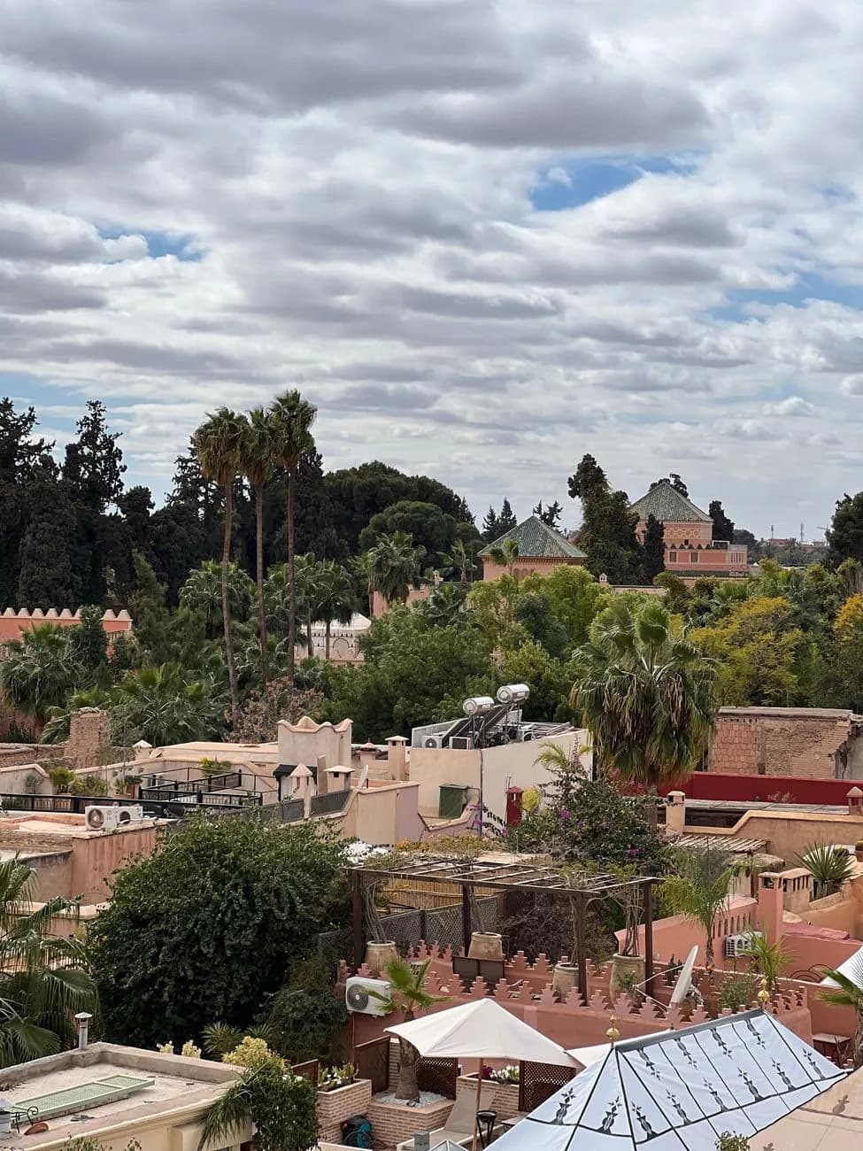 Terrasses de riads et toits ocre de la médina de Marrakech vus depuis un rooftop, palmiers et pergolas